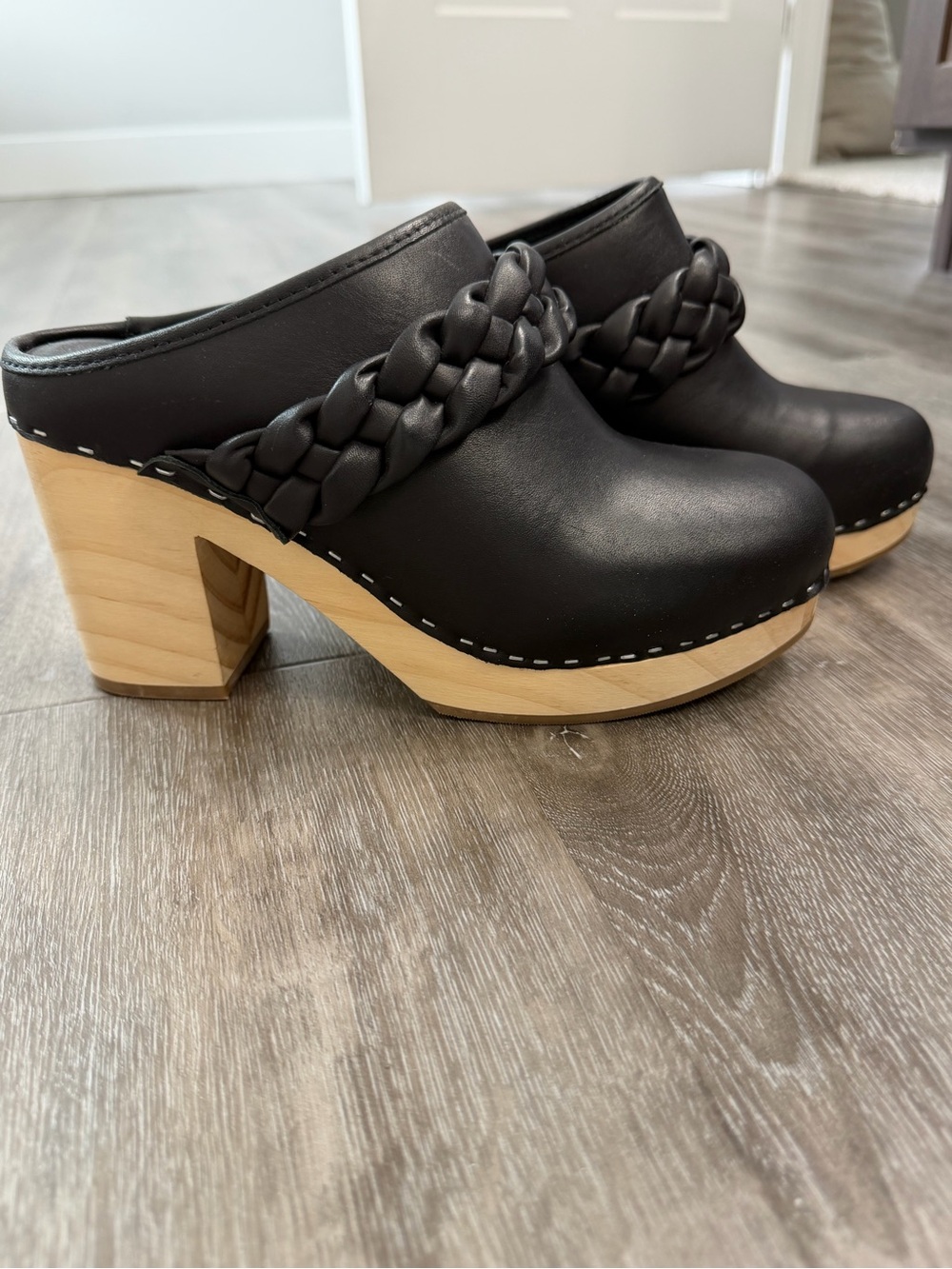 Black Braided Leather Clog Heels